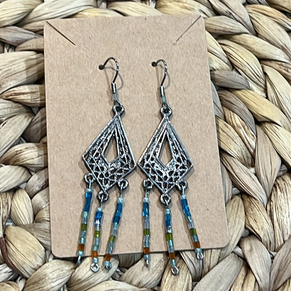 Artisan Made Silver Toned Triangle Chandelier Beaded Earrings Boho Cowgirl